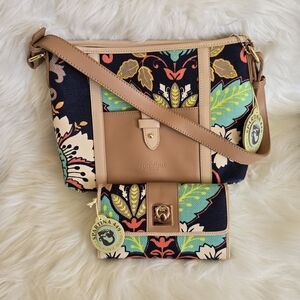 Spartina 449 Floral Tan and Navy Blue Floral Purse And Wallet Set